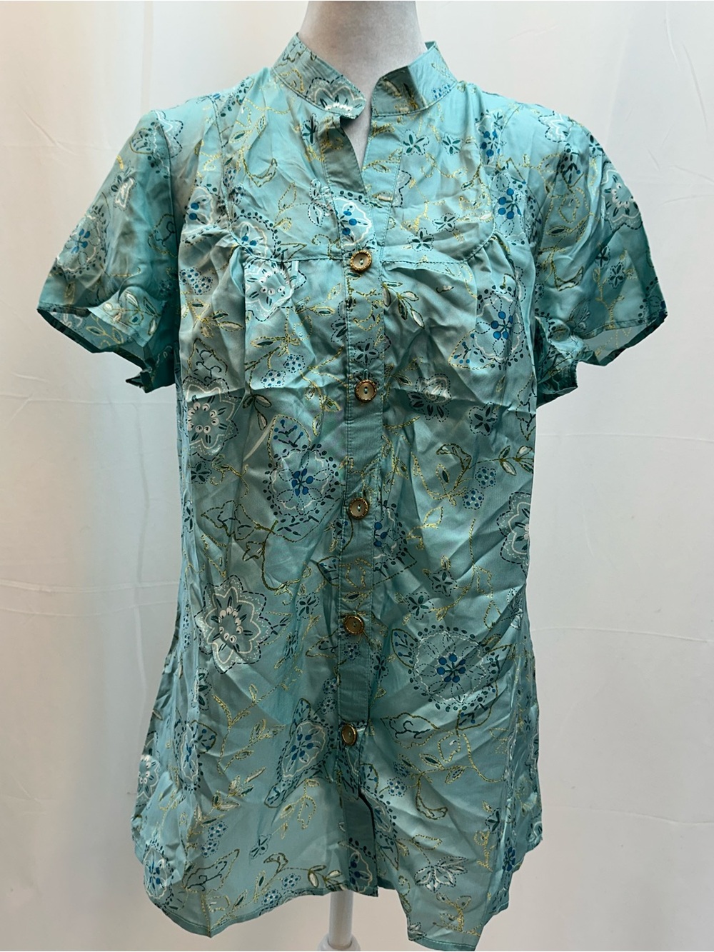 Rachel Mara  Teal Silk Print Short-Sleeve Button Front Blouse XL NWTS